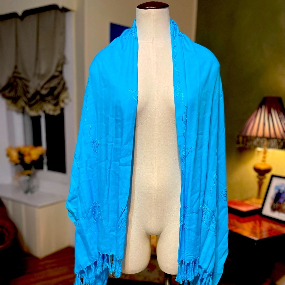 Indonesian Blue fringe, embroidered wrap/shawl